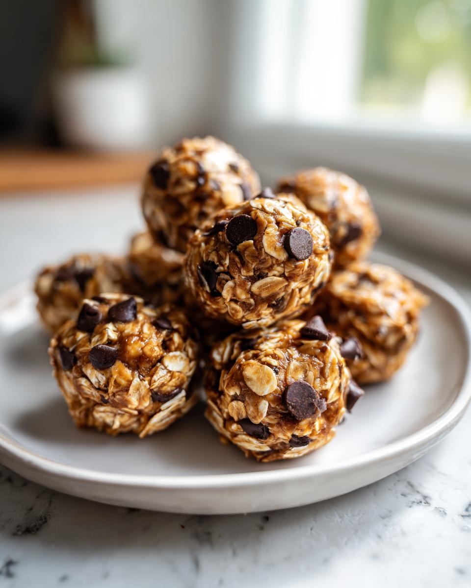 A plate of homemade Peanut butter energy balls with oats and chocolate chips, ready to eat.