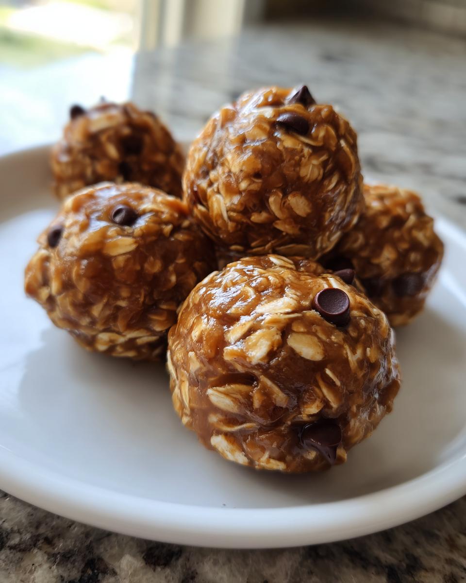 A plate of homemade peanut butter energy balls with oats and chocolate chips, ready to eat.