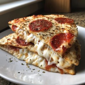 Close-up of stacked pizza quesadillas with melted cheese and pepperoni on a white plate.