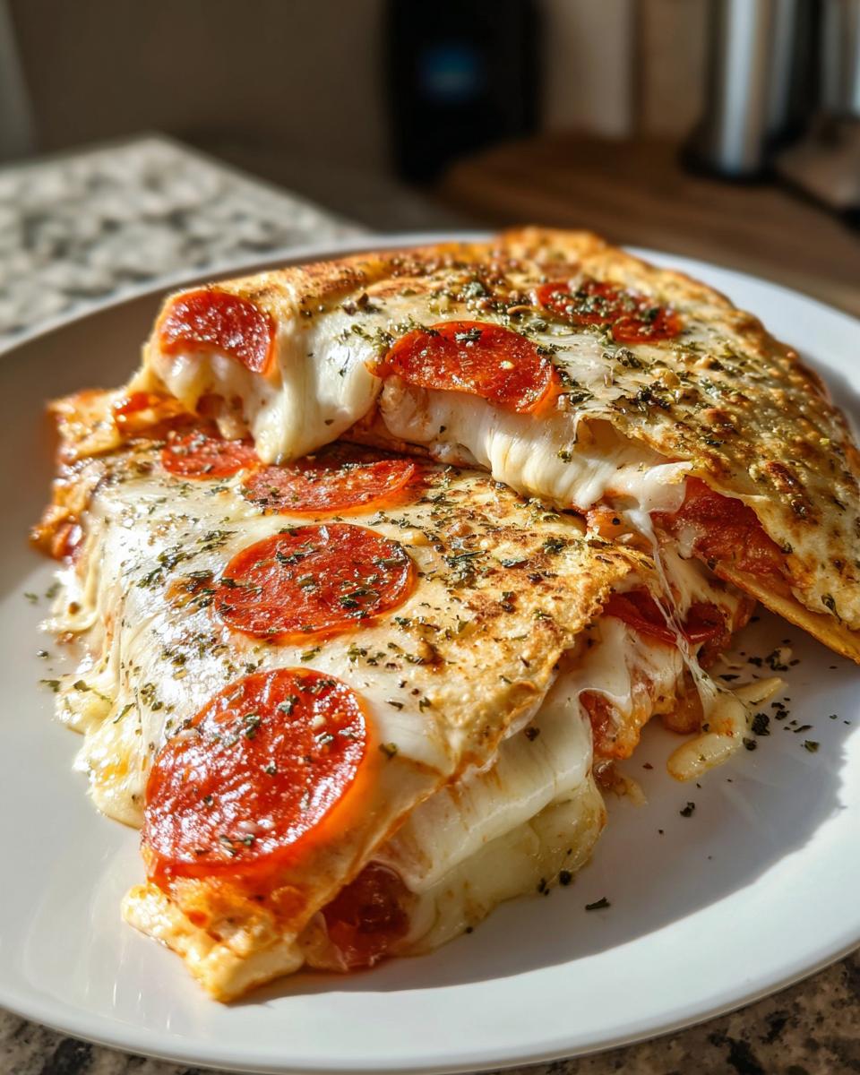 Close-up of pepperoni pizza quesadillas with melted cheese and herbs on a white plate.