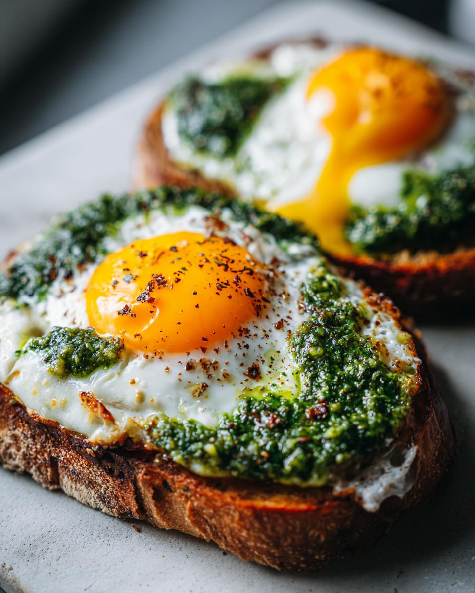 Two slices of toast topped with pesto eggs, showcasing bright yellow yolks and vibrant green pesto.