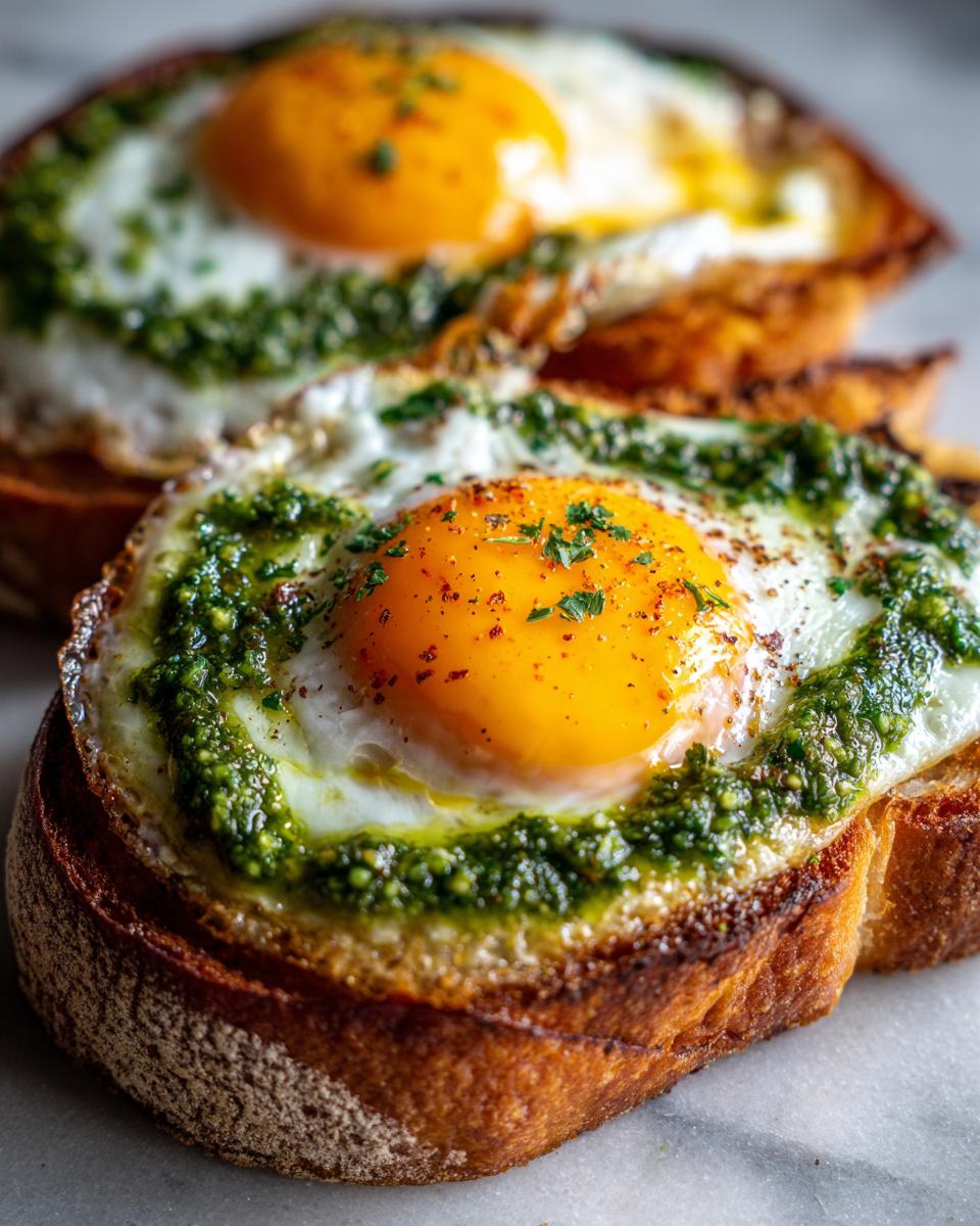 Two slices of toast topped with pesto eggs, showcasing the bright yolk and vibrant green pesto.