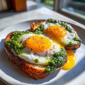 Two pesto eggs served on toast, with bright yellow yolks and vibrant green pesto.