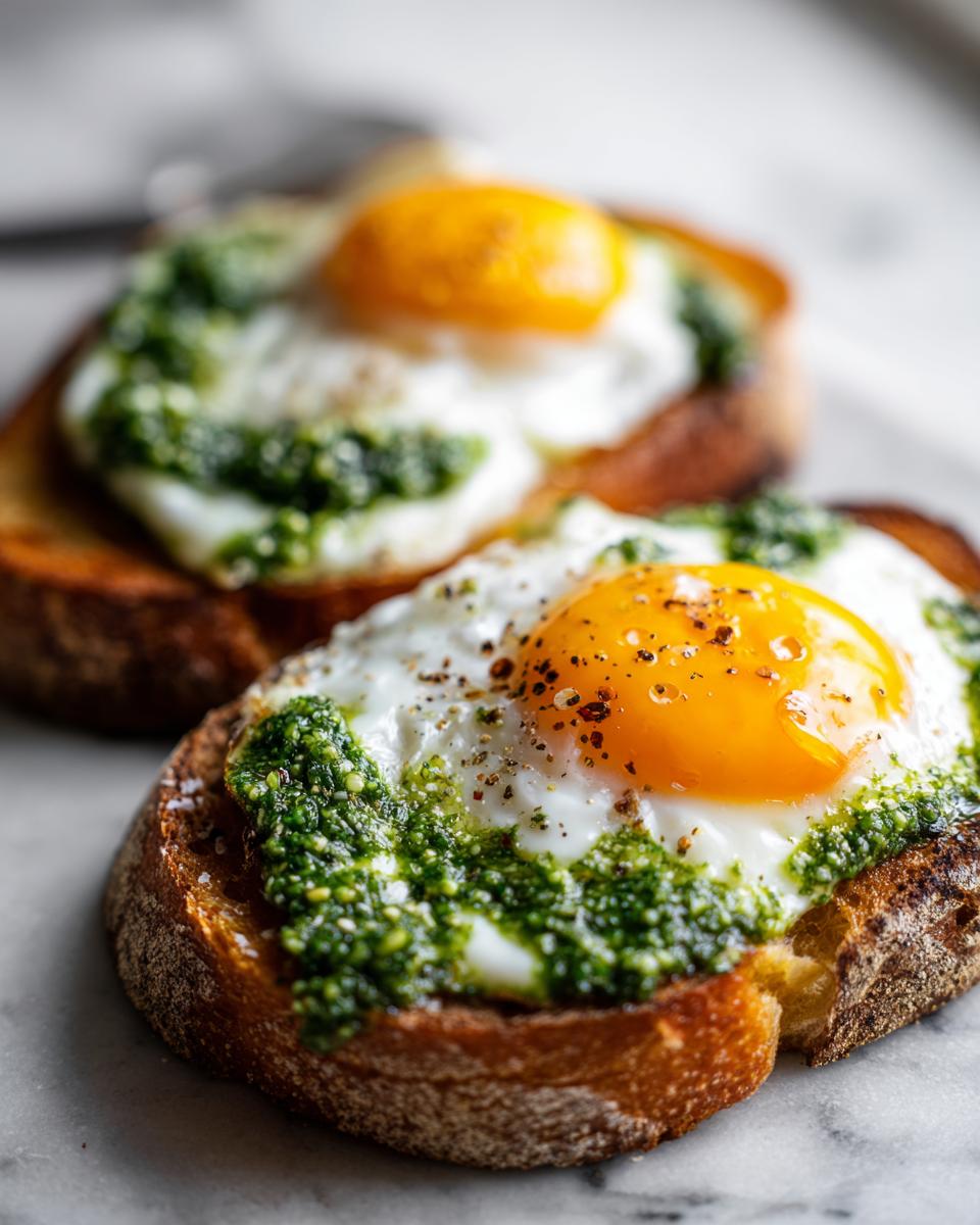Two slices of toast topped with pesto and fried pesto eggs, seasoned with pepper.