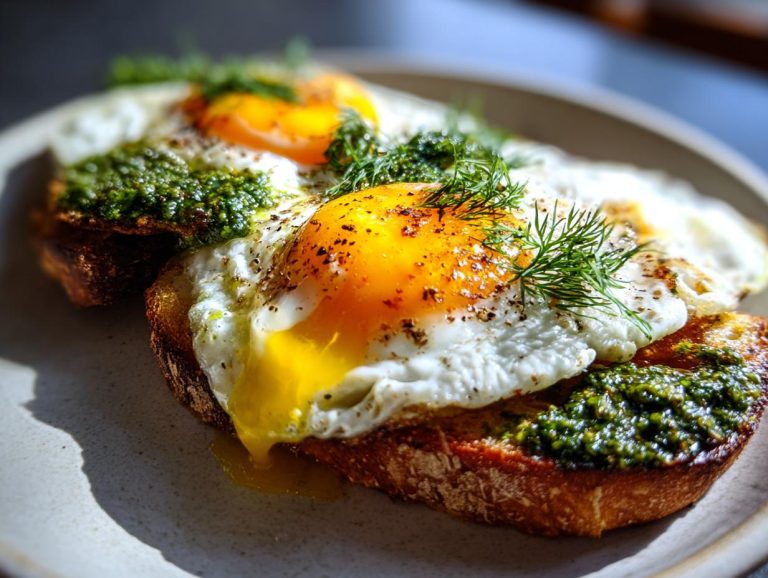 Two slices of toast topped with pesto and fried pesto eggs, garnished with dill.