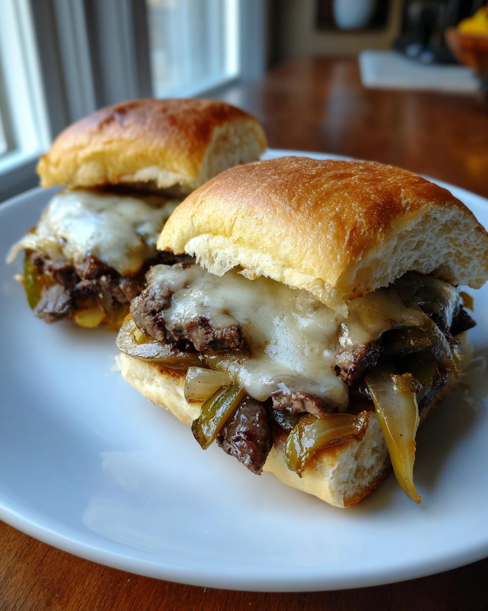 Two Philly Cheesesteak Sliders with melted cheese, steak, peppers, and onions on a white plate.