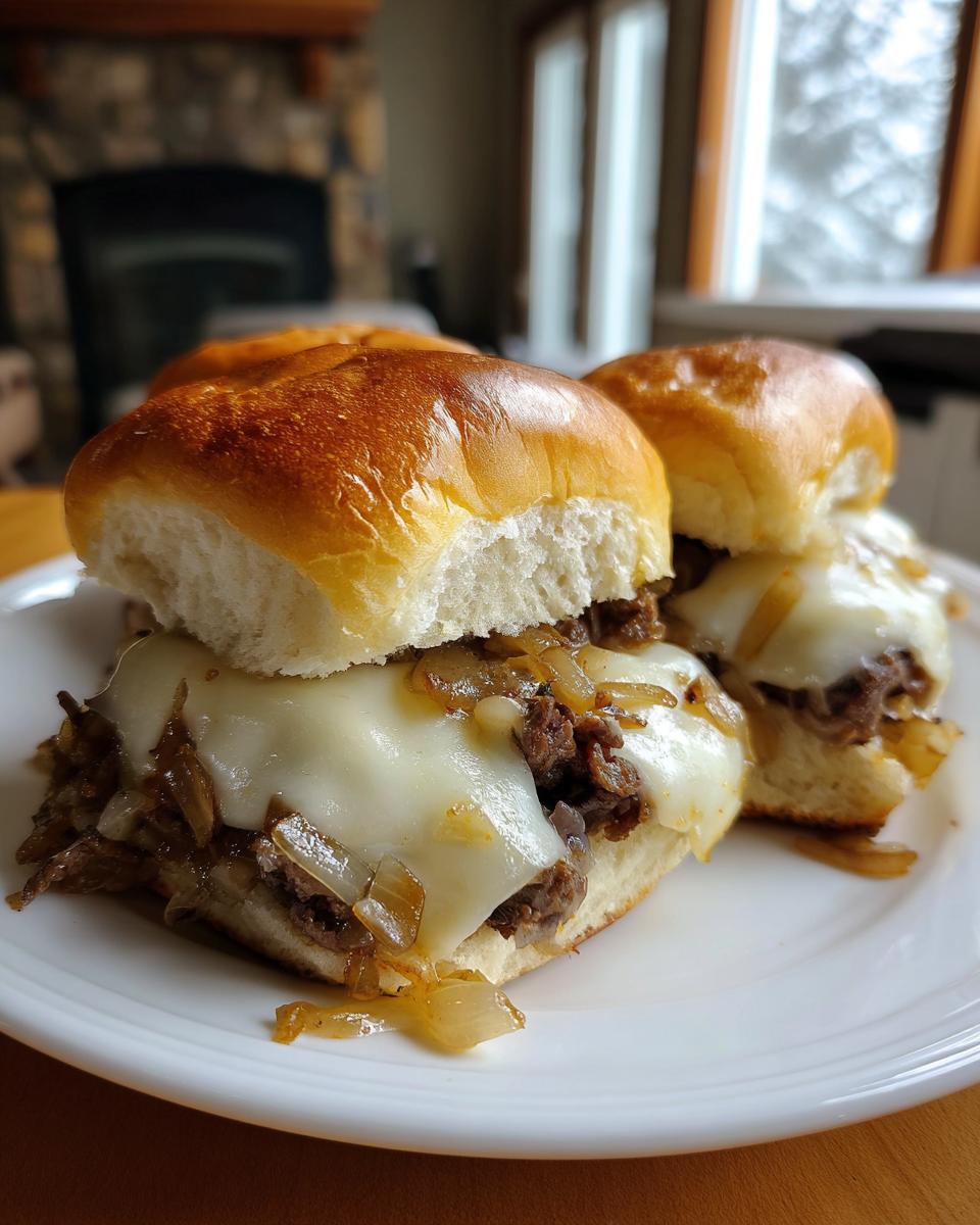 Close-up of Philly Cheesesteak Sliders with melted cheese and onions on a white plate.