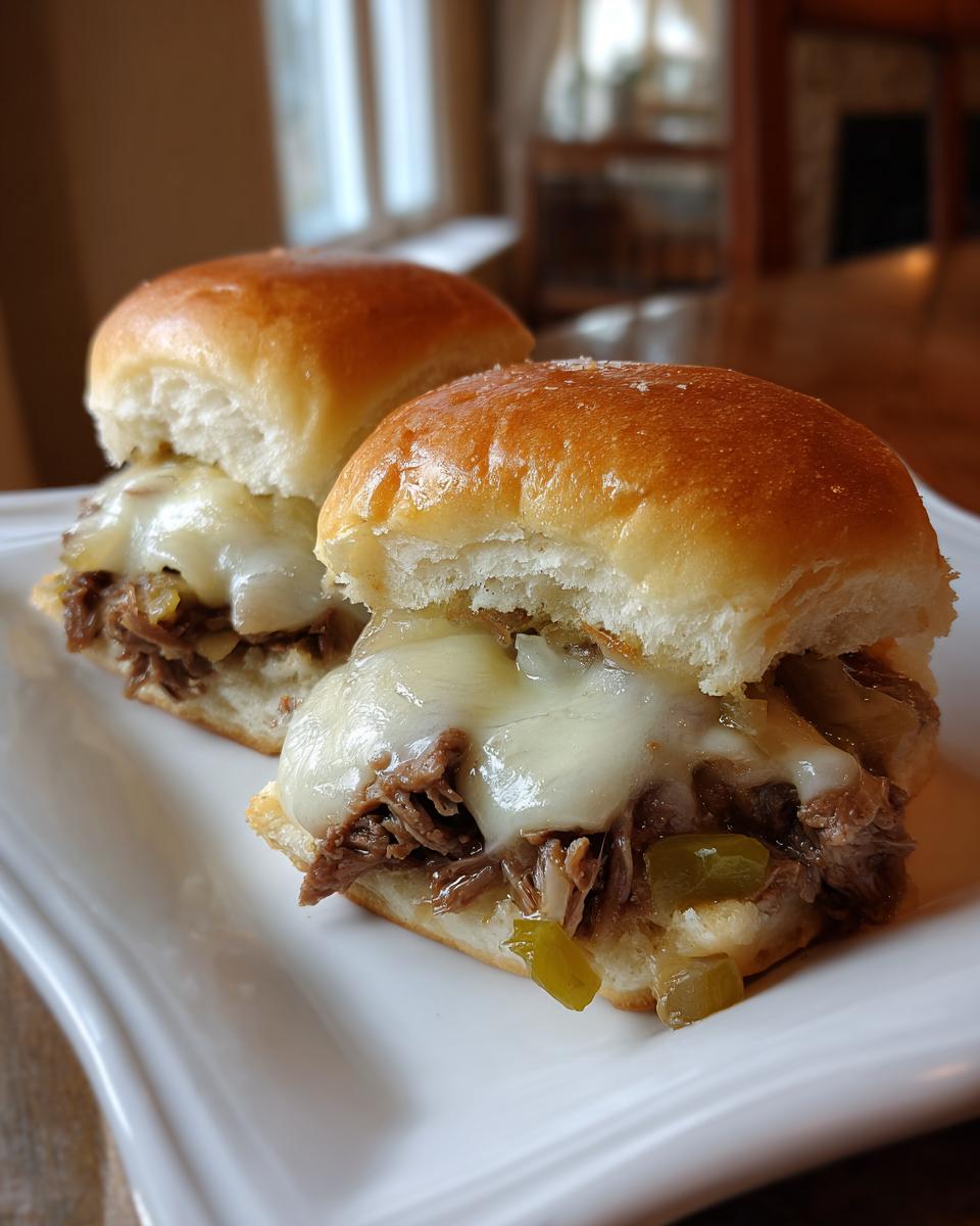 Two Philly Cheesesteak Sliders with melted cheese, beef, and peppers on a white plate.