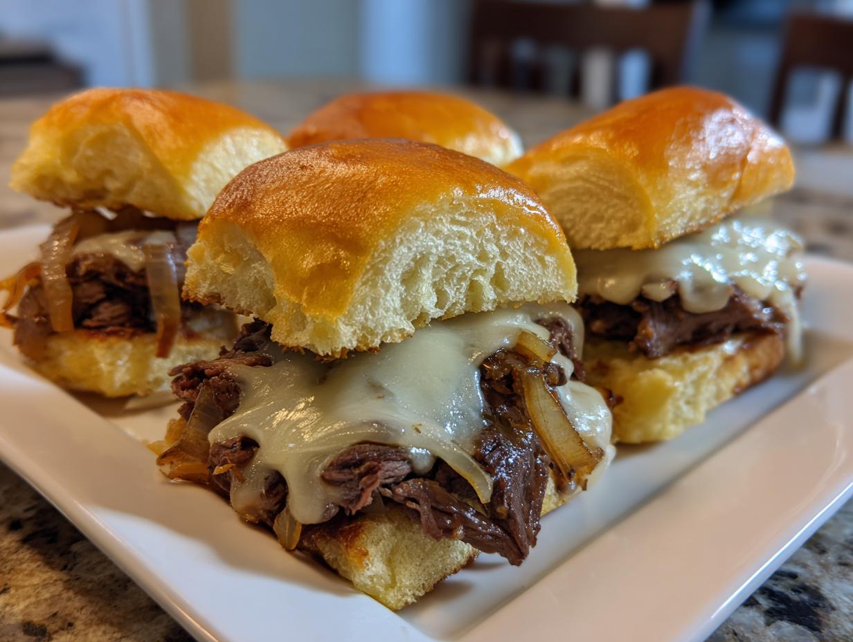 A plate of delicious Philly Cheesesteak Sliders, featuring beef, cheese, and onions on slider buns.