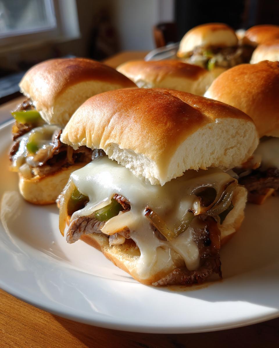 A plate of delicious Philly Cheesesteak Sliders, featuring melted cheese, steak, peppers, and onions.