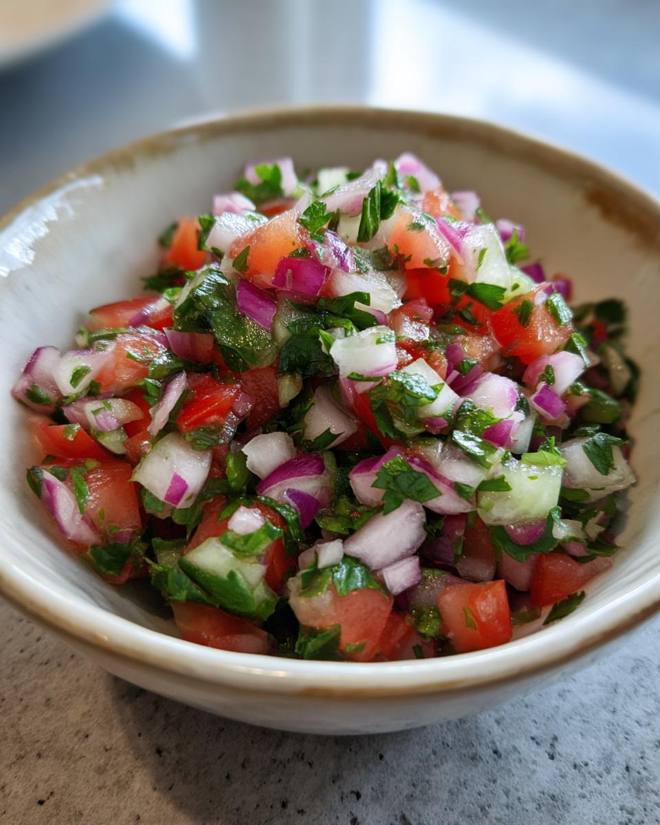 Close-up of vibrant Pickle de Gallo in a ceramic bowl, showcasing the fresh tomatoes, onions, and herbs.