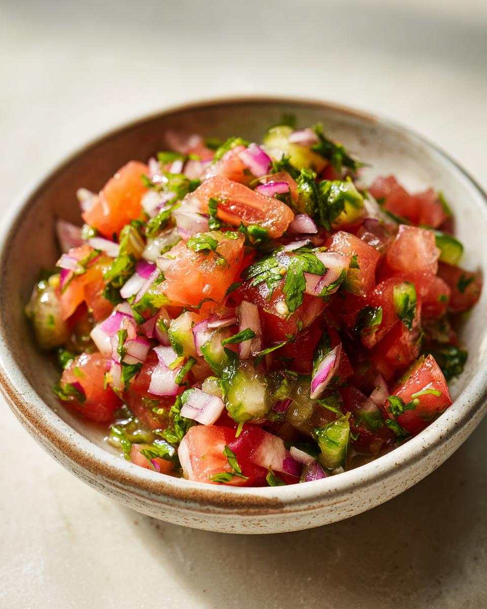 A bowl of vibrant Pickle de Gallo, featuring diced tomatoes, red onions, cucumbers, and cilantro.