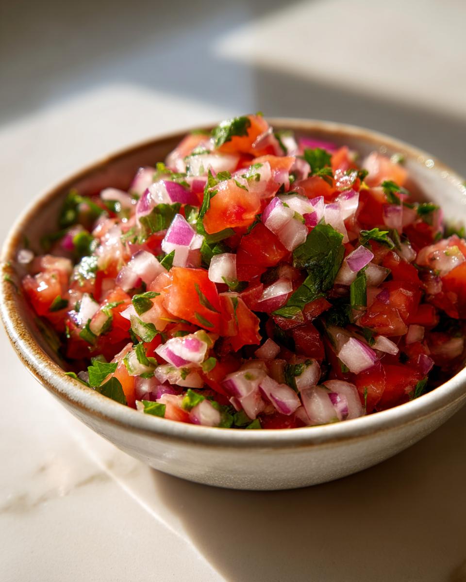 A bowl of vibrant Pickle de Gallo, featuring diced tomatoes, red onion, and cilantro.
