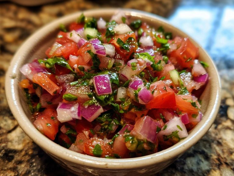 Bowl of fresh Pickle de Gallo featuring diced tomatoes, red onion, cilantro, and pickles.