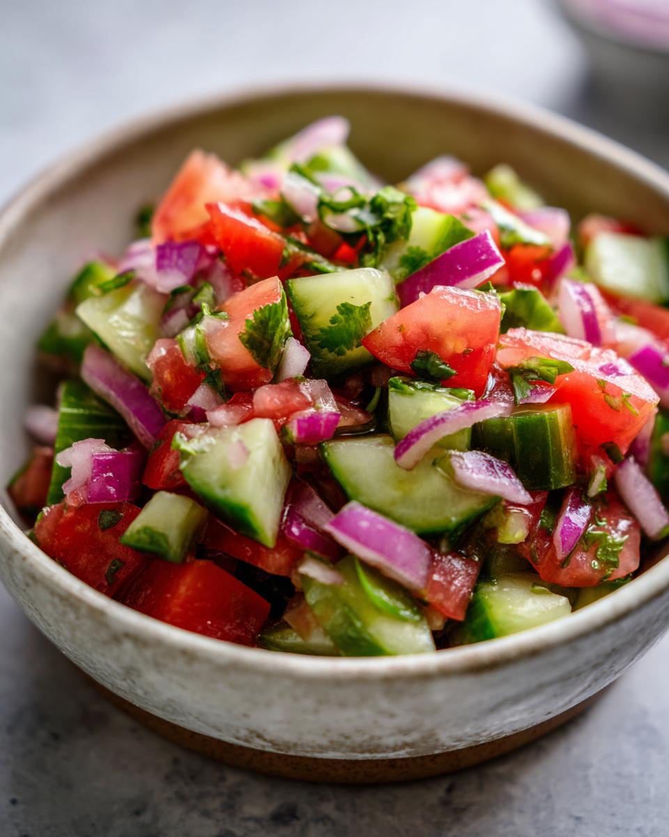 Close-up of vibrant Pickle de Gallo in a bowl, featuring diced tomatoes, cucumbers, and red onions.