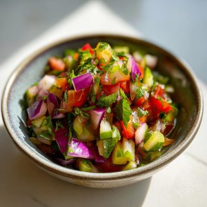 A vibrant bowl of homemade Pickle de Gallo with tomatoes, red onion, cucumber, and herbs.