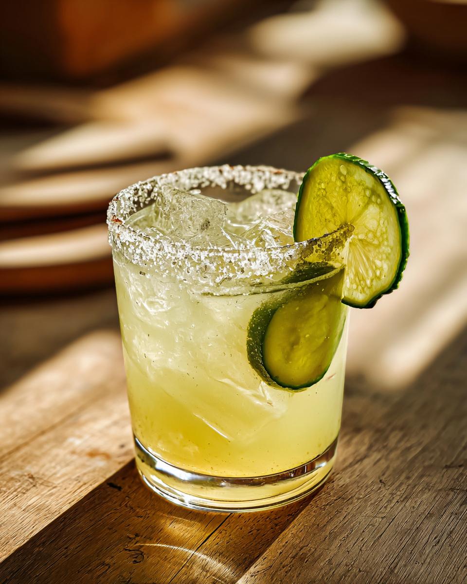 A vibrant Pickle Margarita in a salt-rimmed glass, garnished with lime and a pickle slice.