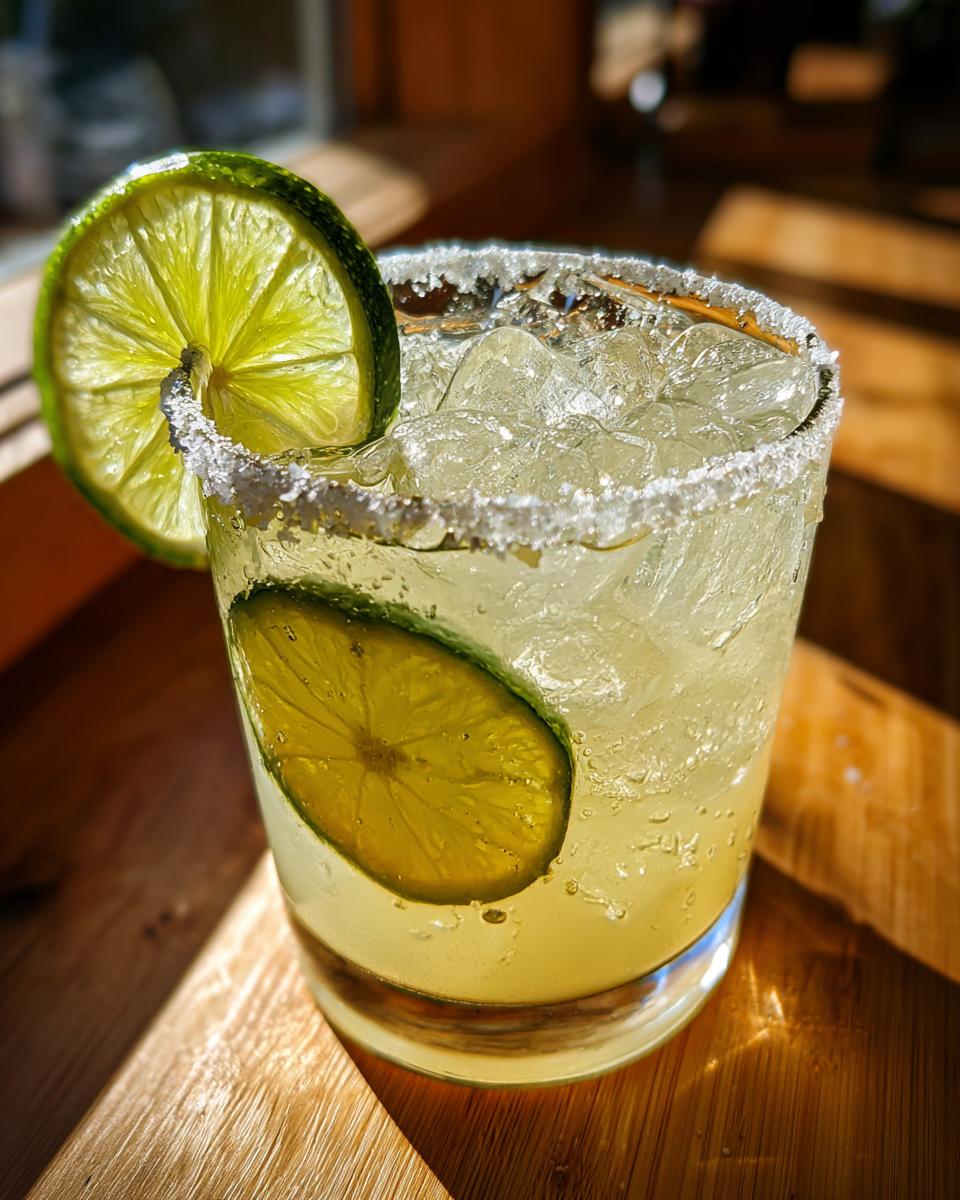 Icy pickle margarita in a glass with a salted rim and lime wedges.