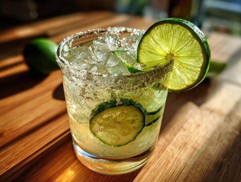 A refreshing pickle margarita with a salted rim, lime garnish, and pickle slices.