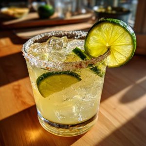 A refreshing Pickle Margarita with a salted rim, ice, and lime wedges on a wooden surface.