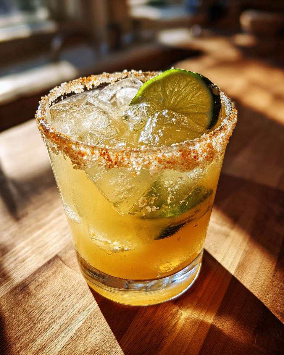 A refreshing Pickle Margarita with ice, lime garnish, and a spicy, salted rim on a wooden surface.