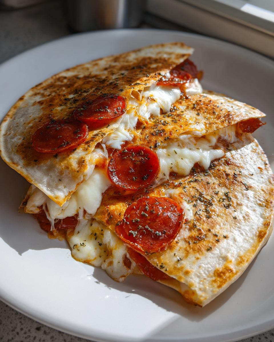 Two pizza quesadillas stacked on a plate, filled with cheese, pepperoni, and herbs. Ready to eat pizza quesadillas.