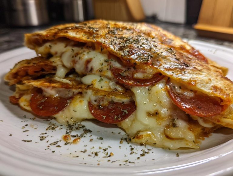 Close-up of a cheesy pizza quesadilla with pepperoni, melted cheese, and herbs on a white plate.