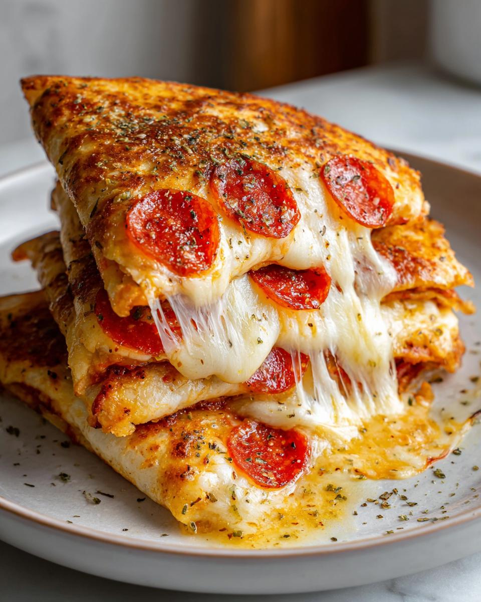 A stack of pizza quesadillas with melted cheese and pepperoni, seasoned with herbs.