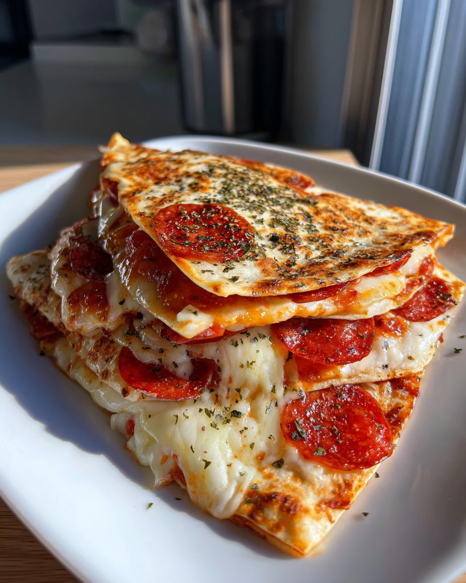 A stack of pizza quesadillas filled with cheese, pepperoni, and herbs, ready to eat.