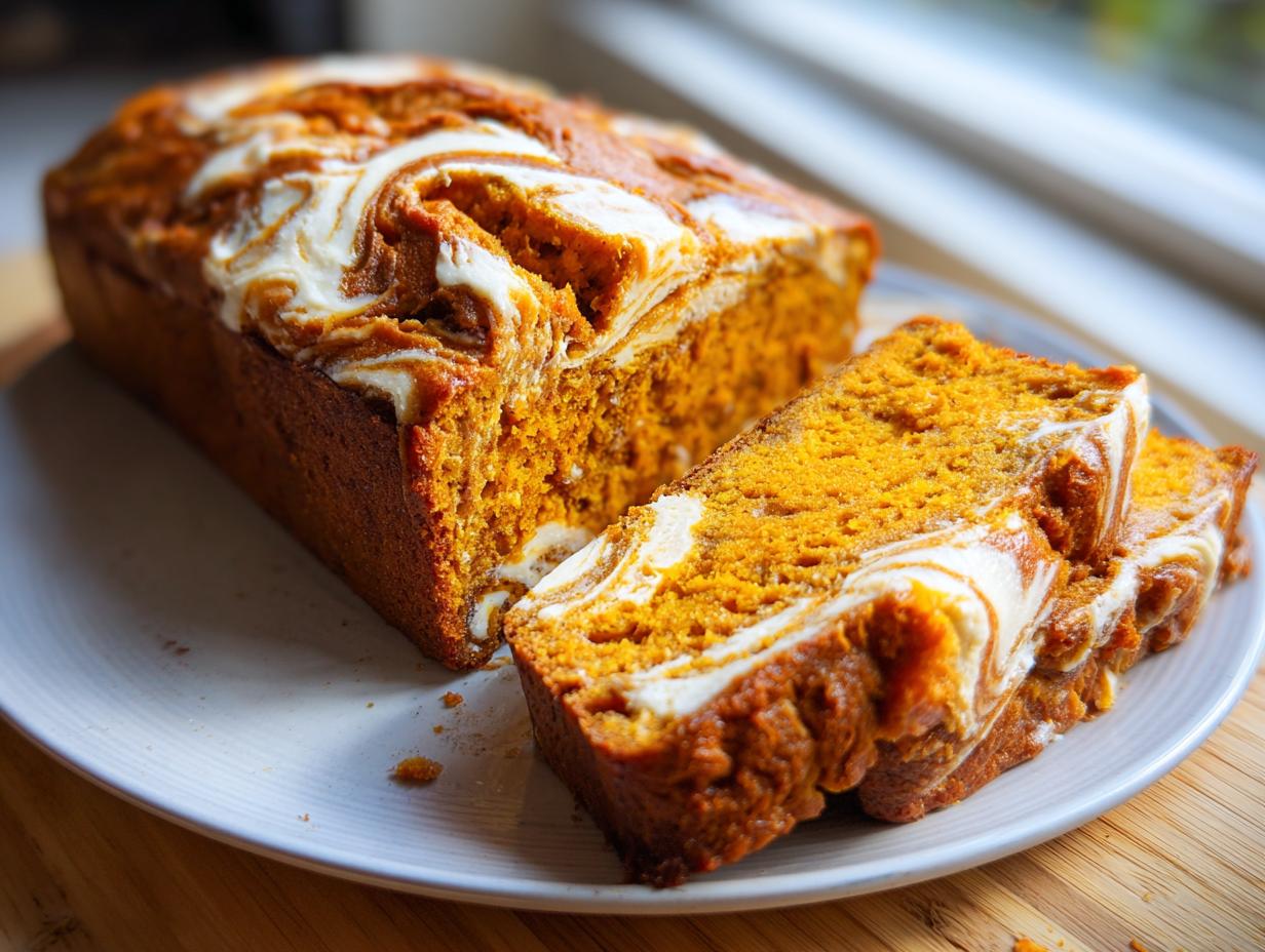 Close-up of moist pumpkin bread with a cream cheese swirl, with two slices cut.