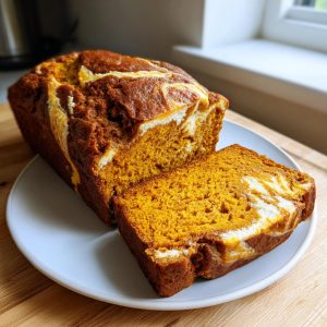 A slice of moist pumpkin bread with a cream cheese swirl on a white plate.