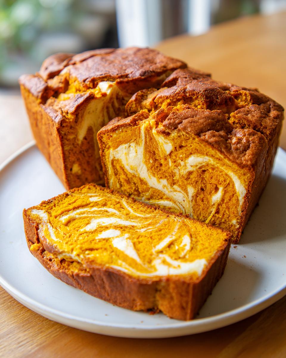 A slice of moist pumpkin bread with a cream cheese swirl on a white plate.