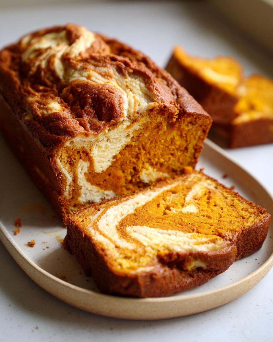 A close-up of moist pumpkin bread with a cream cheese swirl, with two slices cut and on a plate.