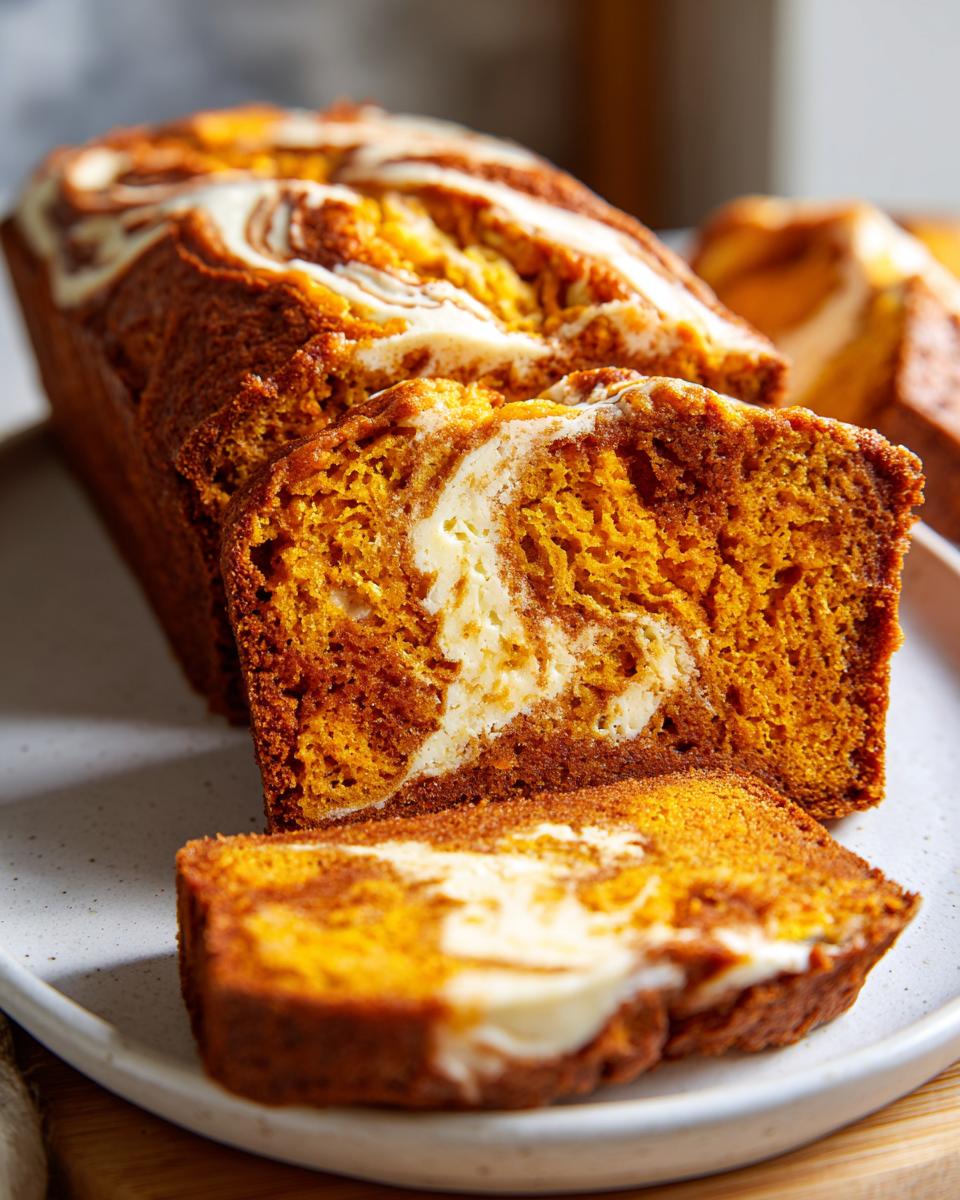Close-up of moist pumpkin bread with a visible cream cheese swirl, sliced on a plate.