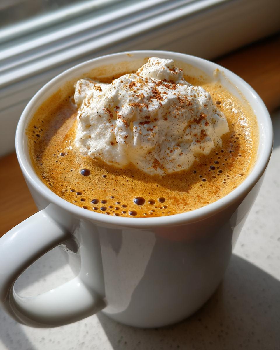 A close-up of a creamy Pumpkin Spice Latte copycat in a white mug, topped with whipped cream and a sprinkle of cinnamon.