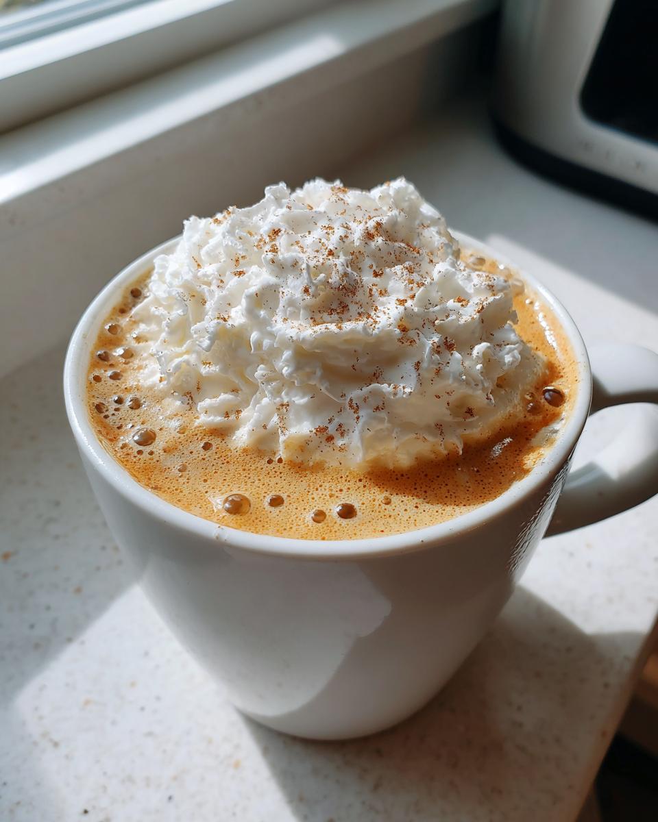 A close-up of a creamy pumpkin spice latte copycat topped with whipped cream and a sprinkle of cinnamon.