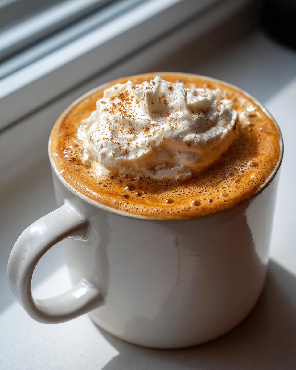 A close-up of a creamy pumpkin spice latte copycat topped with whipped cream and cinnamon.
