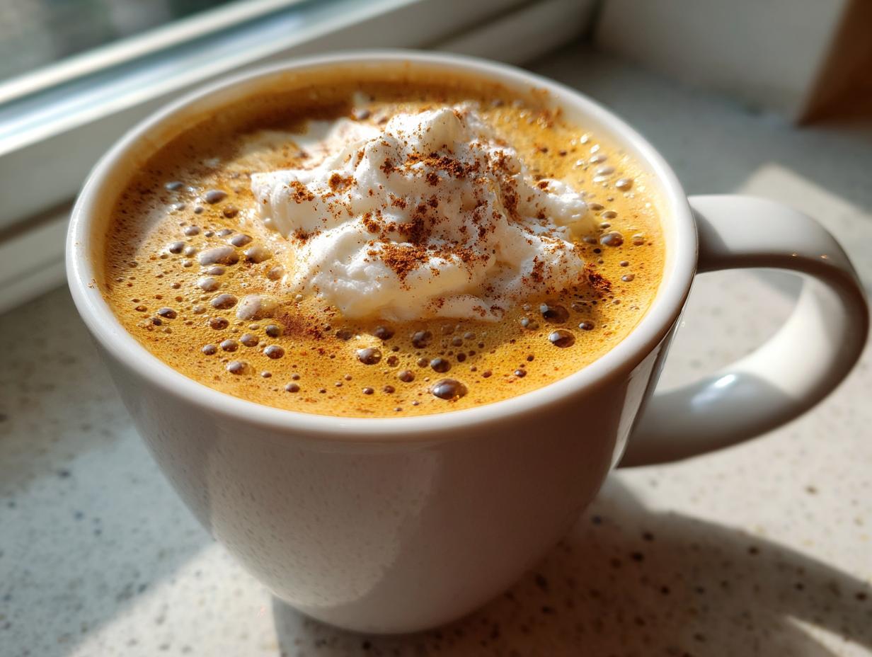 A close-up of a creamy pumpkin spice latte copycat topped with whipped cream and cinnamon in a white mug.
