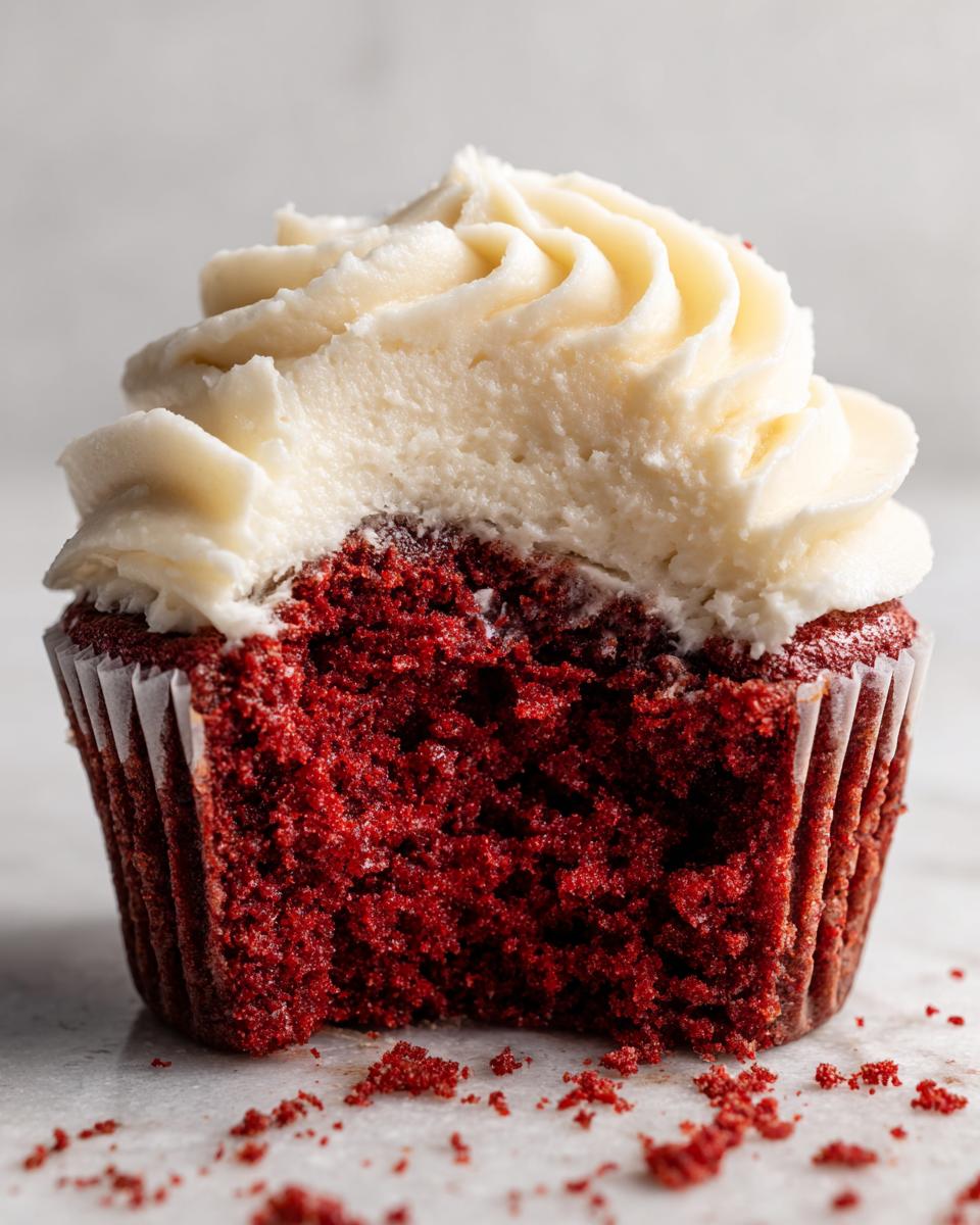 A close-up of a delicious red velvet cupcake with creamy white frosting, showing a bite taken out.