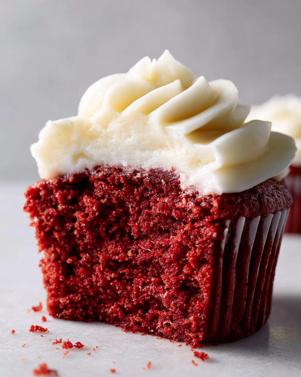 A close-up of a red velvet cupcake with a bite taken out, showing the vibrant red cake and fluffy cream cheese frosting.