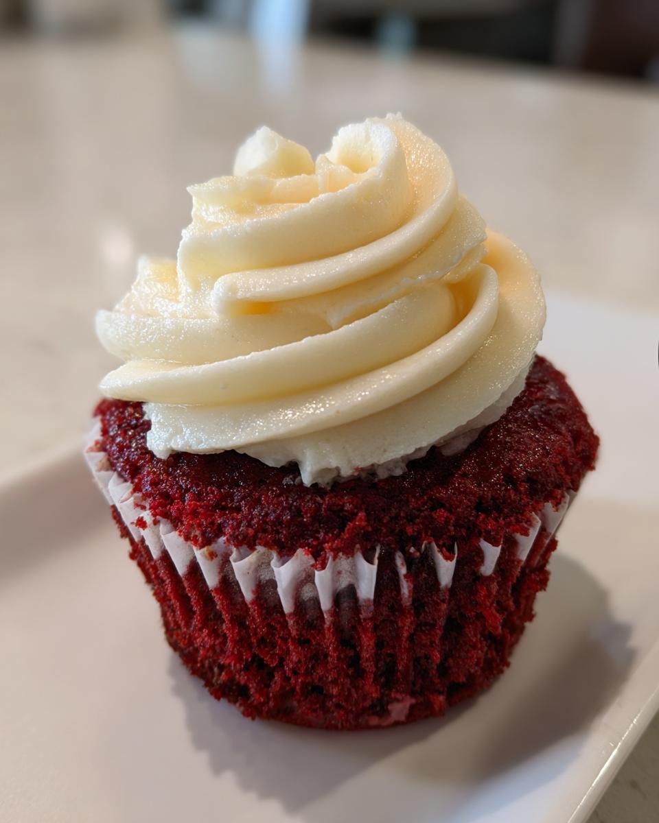 A single, perfectly frosted red velvet cupcake with creamy white frosting.