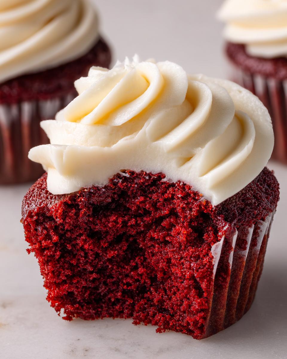A close-up of a red velvet cupcake with a bite taken out, showing the moist red cake and creamy white frosting.