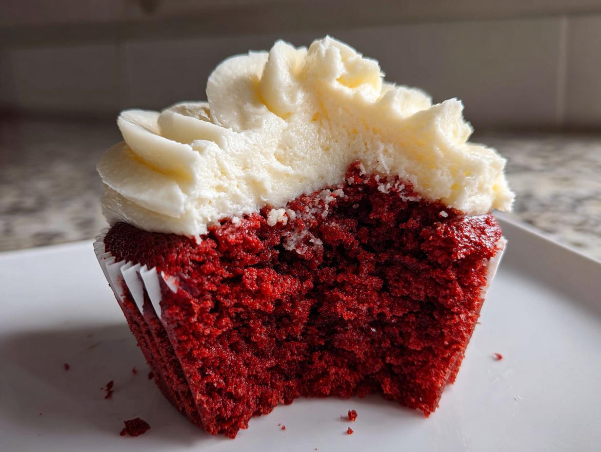 A close-up of a red velvet cupcake with cream cheese frosting, showing a bite taken out.