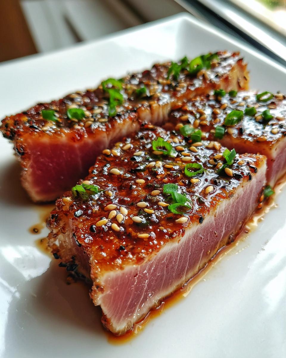 Close-up of perfectly Seared Ahi Tuna steaks, crusted with sesame seeds and garnished with green onions.