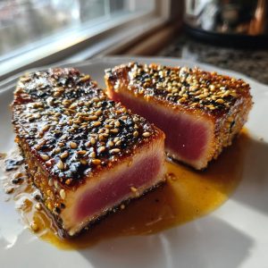 Two slices of perfectly seared Ahi Tuna, crusted with sesame seeds and drizzled with sauce.