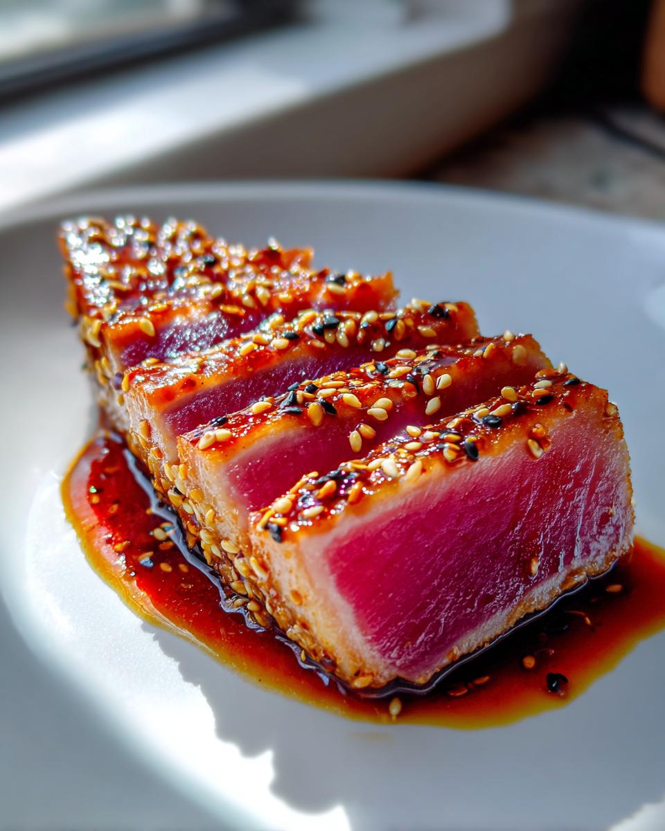 Close-up of sliced seared Ahi Tuna coated in sesame seeds, served on a white plate with a savory sauce.