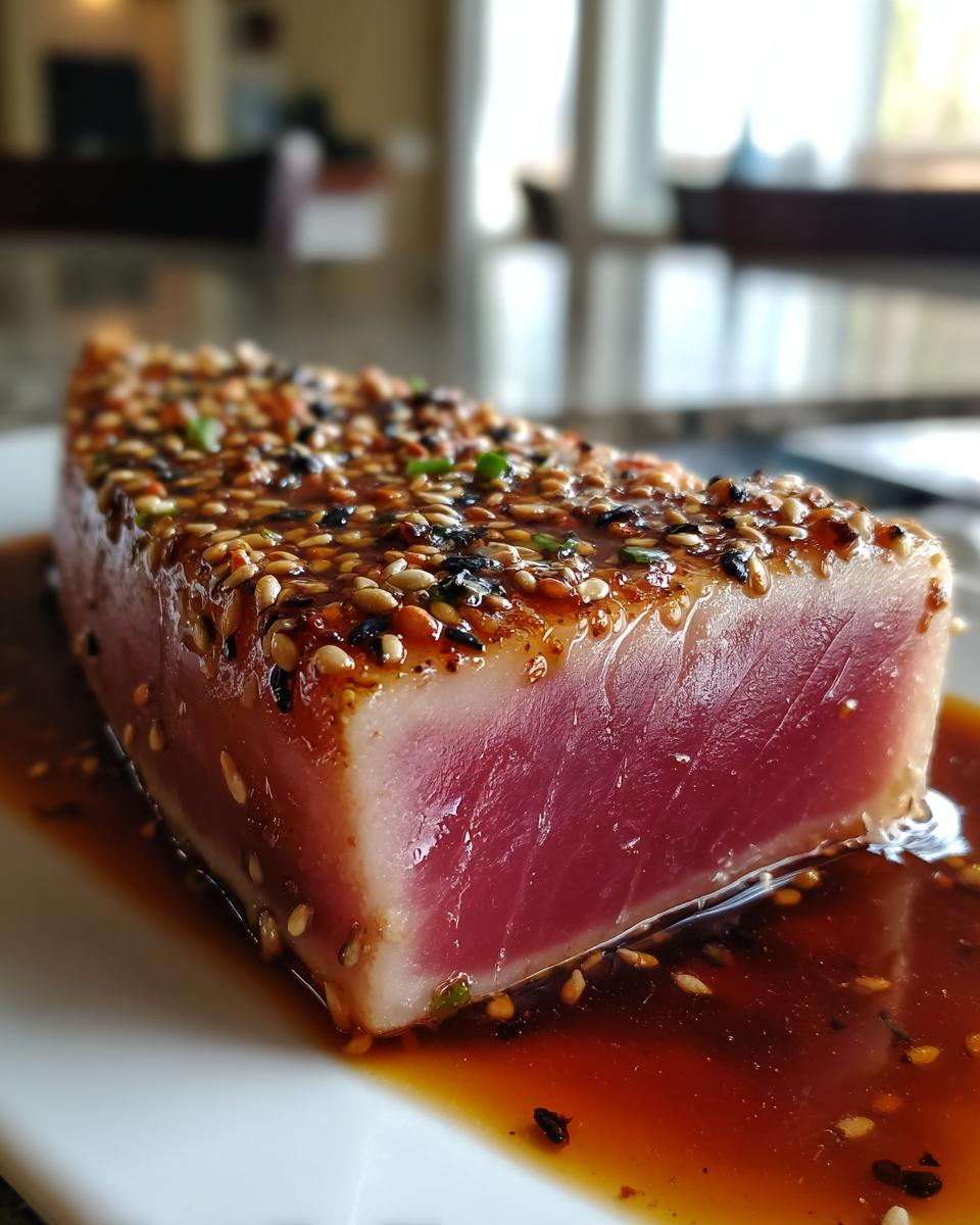 Close-up of perfectly Seared Ahi Tuna coated in sesame seeds and a savory sauce, ready to eat.