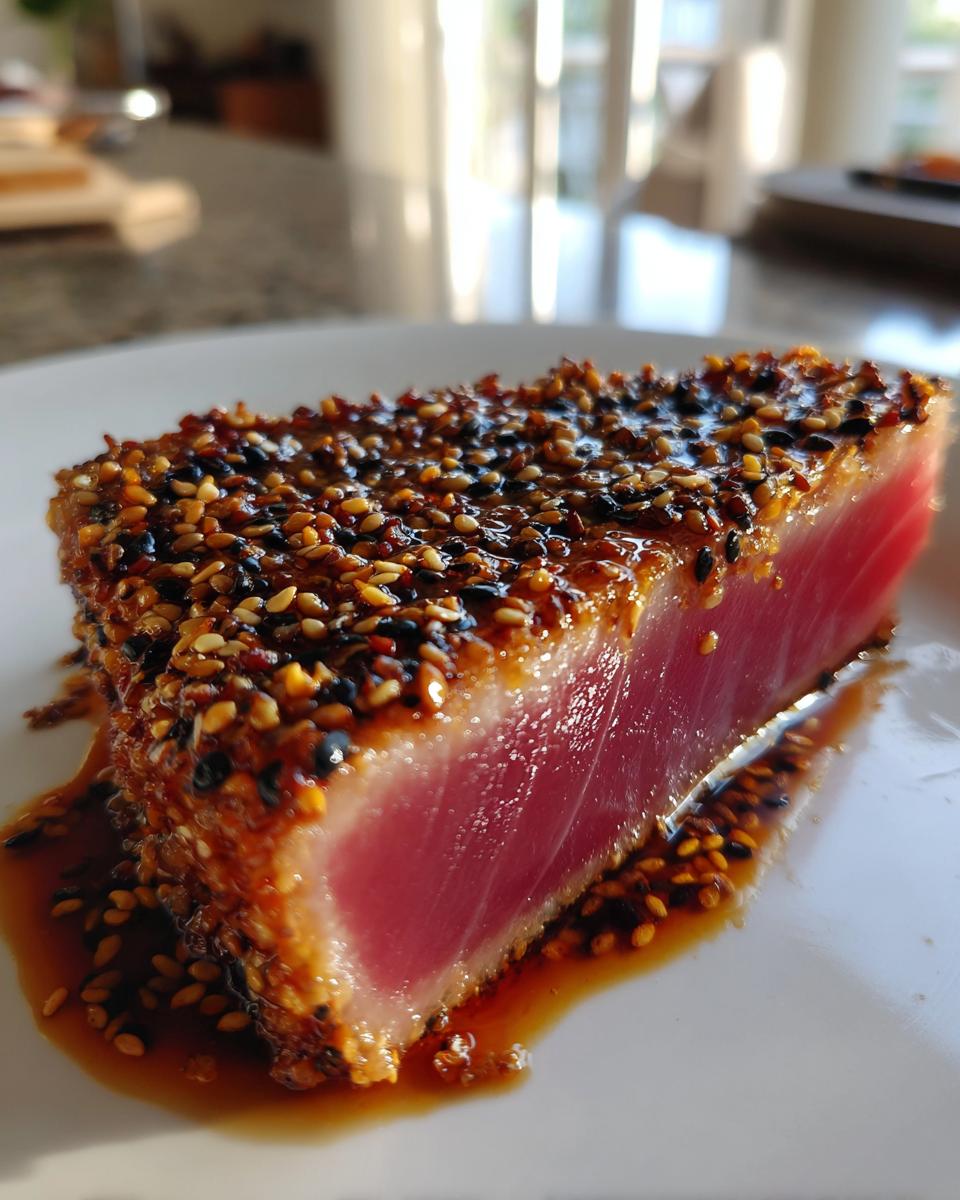 Close-up of a slice of perfectly seared Ahi Tuna with a sesame seed crust and sauce.