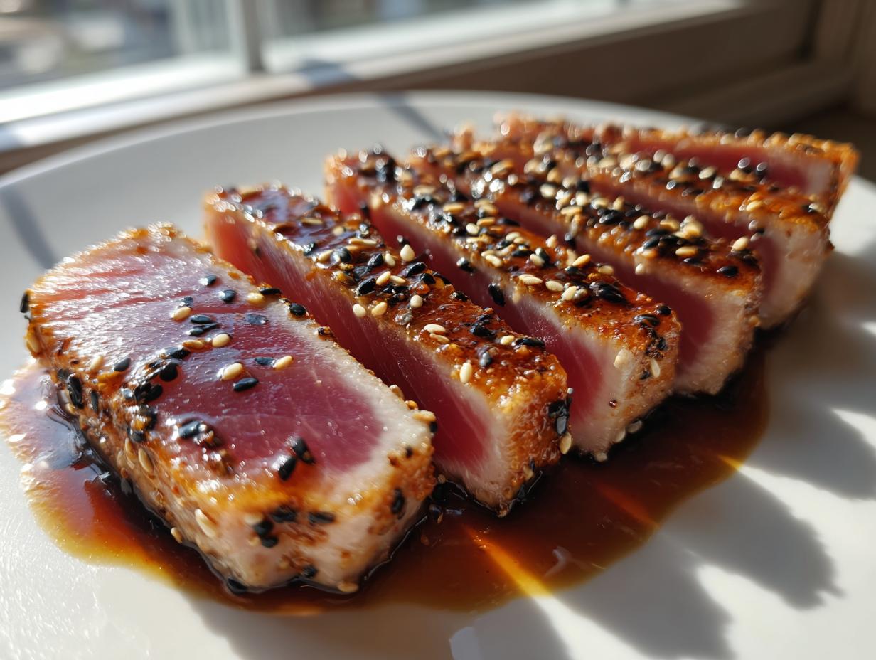 Close-up of sliced Seared Ahi Tuna, crusted with sesame seeds and drizzled with sauce on a white plate.