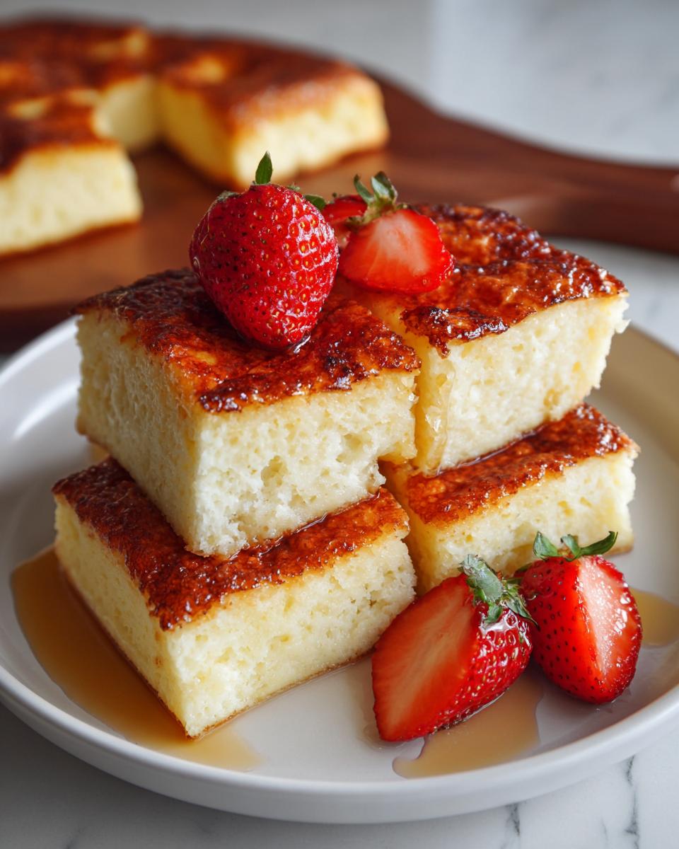 A stack of fluffy sheet pan pancakes topped with fresh strawberries and drizzled with syrup.